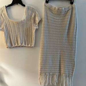 Freshman 1996 Women Cream Crochet crop LongTop Maxi Skirt Matching Set size L